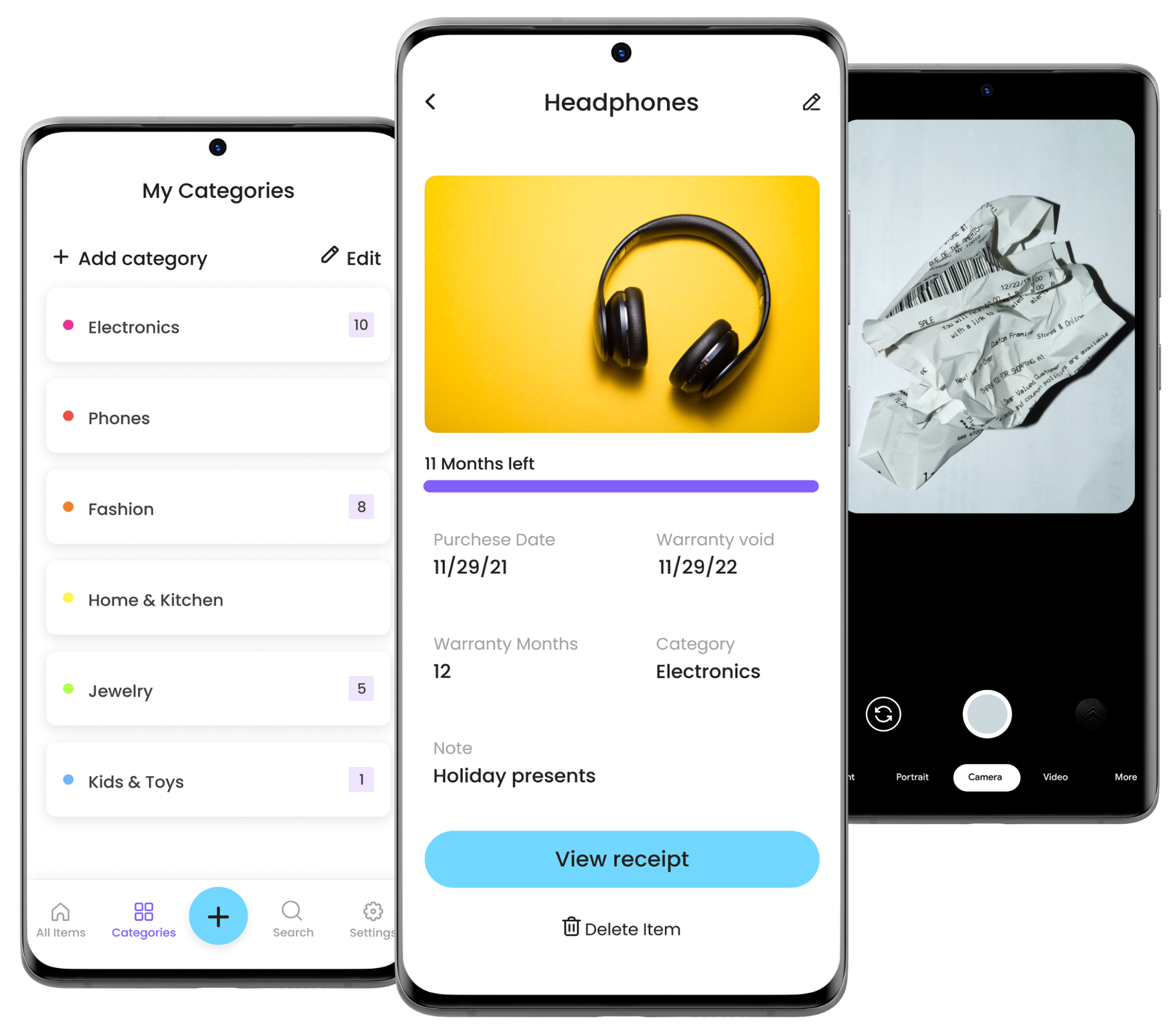 Warranty Keeper — three app screenshots